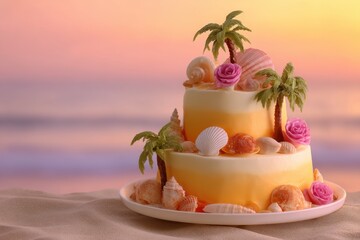 Tiered cake decorated with shells, roses, and palm trees against a sunset beach backdrop