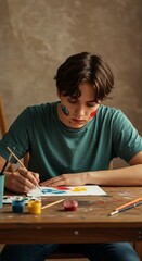 Fototapeta premium Young Painter Focused On Artwork With Brush And Colors In Studio Photo