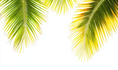 Tropical palm leaves, bright sunlight, white background, summer vacation