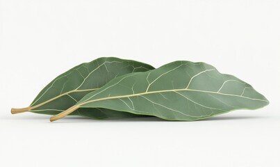 Two bay leaves on white background; cooking ingredient