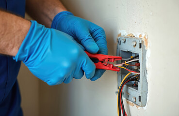 Professional electrician repairs electrical system. Man wearing blue gloves holds pliers to work with electrical wiring. Home renovation, circuit box install. Electrical maintenance work, DIY home