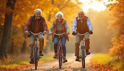 Happy senior friends enjoy cycling in park. Active elderly people ride bicycles outdoor, have fun, smiling. Healthy lifestyle, recreational sport activity in autumn. Friends cycling together.