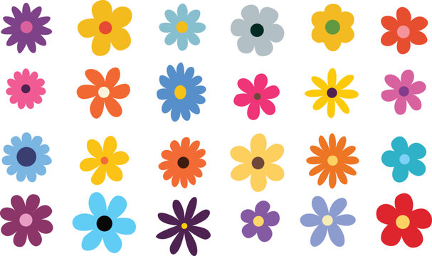 Groovy retro daisy flower icon set in vibrant colors. Perfect for boho design, 70s aesthetic, digital stickers, spring patterns, kids decor, and hippie graphics.
