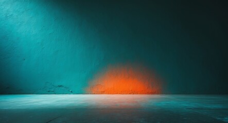 Naklejka premium Urban Grunge. Teal Wall with Vibrant Orange Accent and Concrete Floor Texture.