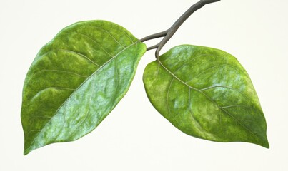 Two green leaves on a branch, isolated on white, nature background, for design