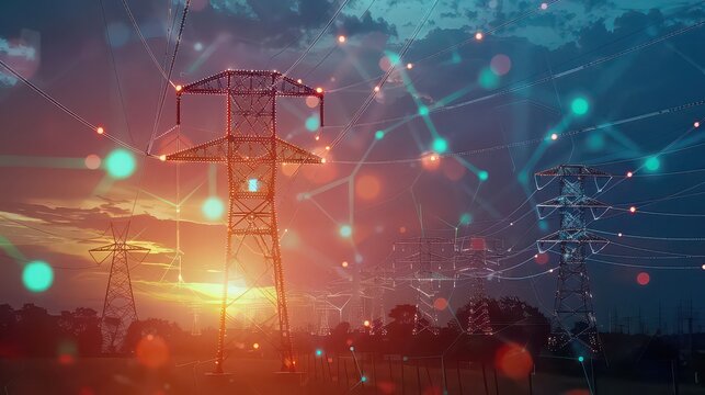 Electrical transmission towers at sunset with digital network overlay in a vibrant sky