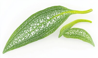 Two green leaves with holes, isolated on white background, for food or nature websites