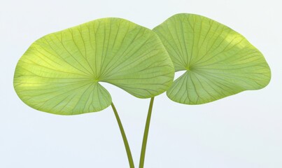 Two green lotus leaves, close-up, white background, nature, botanical illustration