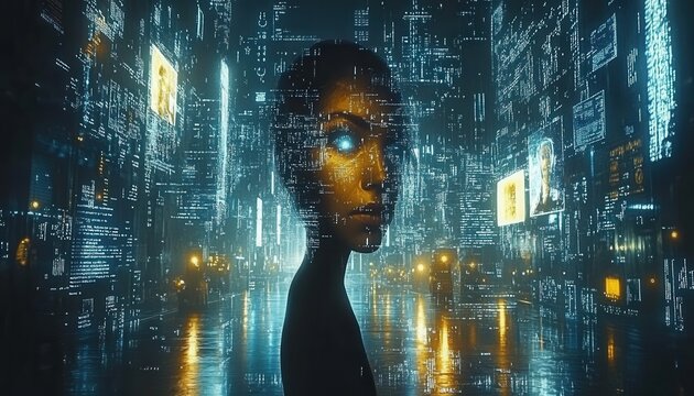 Silueta digital en paisaje urbano futurista