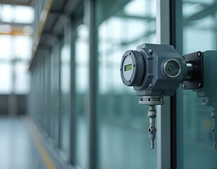 Industrial flow meter device on glass panel. Equipment measures liquid or gas flow. Technology sensor display. Modern manufacturing, engineering, process control system for industry.