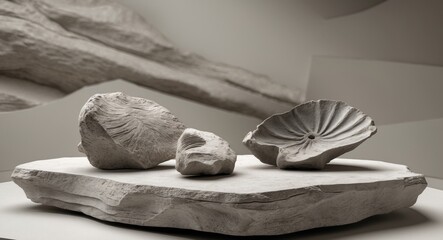 Abstract Still Life with Textured Stone Forms on a Rock Plateau, Gray Tones.