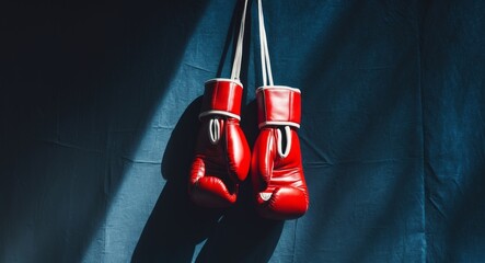 Red Boxing Gloves Hanging on Dark Fabric, Ready for a Fight, Sport and Motivation.