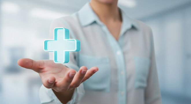 Woman holding a blue plus sign in her hand offering medical assistance and healthcare solutions now