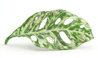 Variegated Monstera leaf, isolated, white background, botanical