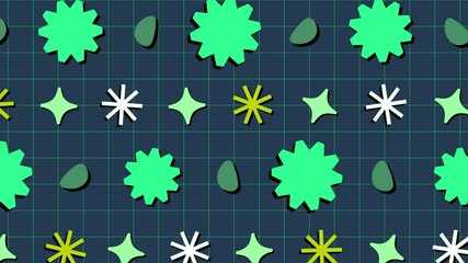 Repeating pattern of green stars snowflakes and pebbles on a grid background. Retro 80s style. - Powered by Adobe