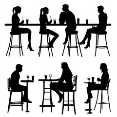 silhouette people at bar , black and white illustration isolated on white background