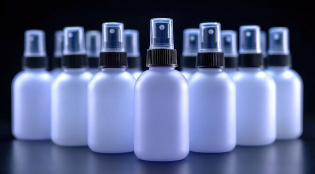 collection of spray bottles in varying sizes stands in a thoughtful arrangement on a dark surface, each featuring a clear nozzle and a sleek design that emphasizes functionality and style