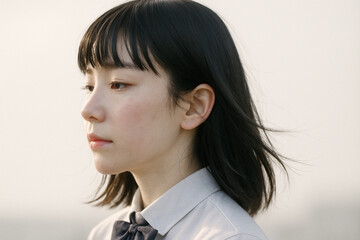 日本人の女子中学生の横顔ポートレート、制服姿で自然な表情の若い女性