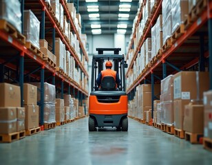 Warehouse worker operates forklift moving pallets. Warehouse storage facility filled boxes shelves. Industrial logistic infrastructure. Operator in orange vest drives cargo. Transportation