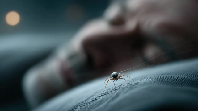 man sleeps peacefully while spider crawls near him, creating tension and unease