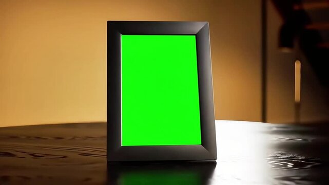 Vertical photo frame with green screen on the table
