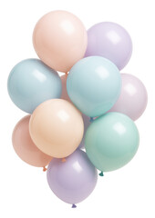 A colorful arrangement of pastel balloons featuring shades of pink, blue, green, and purple, creating a festive and playful atmosphere on transparent background.