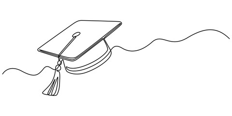 Continuous one line art drawing of graduation hat design vector illustration, Graduation cap and diploma continuous one line drawing. hand drawn line art vector illustration of graduation hat, minimal