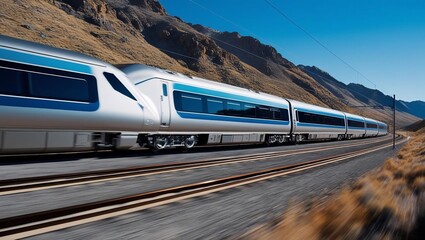 Fototapeta premium High-Speed Train Blazing Through Scenic Mountain Landscape on a Sunny Day
