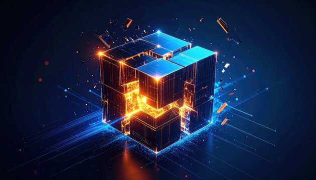 Glowing cube abstract; fragmented design with light streaks, against a dark blue background