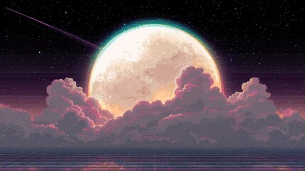 Stylized moon with pixel light leaks, set in vaporwave cyber sky