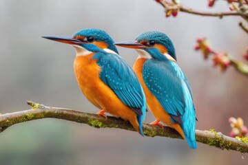 Fototapeta premium Two kingfishers perched on a mossy branch, vibrant blue and orange feathers, blurred background, soft lighting