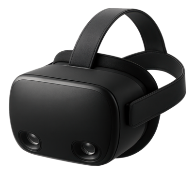 Modern black virtual reality headset with dual lenses and adjustable strap on transparent background.