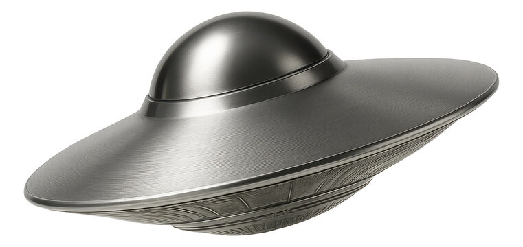 Silver metallic UFO-shaped object with a smooth, shiny surface and intricate detailing on transparent background.