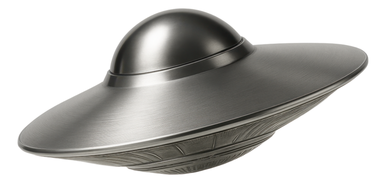 Silver metallic UFO-shaped object with a smooth, shiny surface and intricate detailing on transparent background.