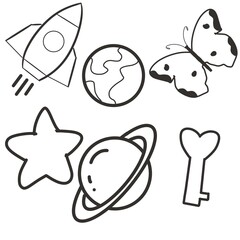 Cute Black and White Doodle Space and Nature Illustration Set