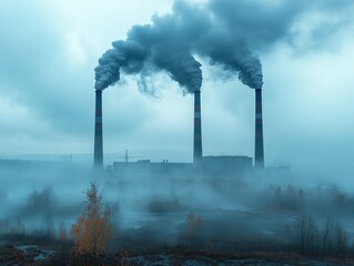 Factory with three large chimneys emitting thick smoke under misty skies: Realistic vector illustration for environmental reports, climate change presentations, pollution awareness campaigns