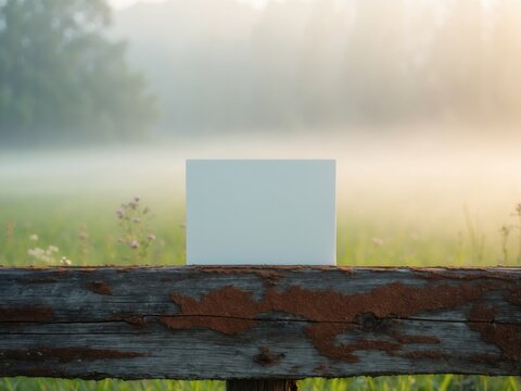 Blank sign on a rustic wooden fence against a misty meadow at sunrise, copy space.