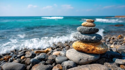 Fototapeta premium Mindfulness practice through meditation with peace and balance concept. A serene stack of stones on a beach by the tranquil ocean.