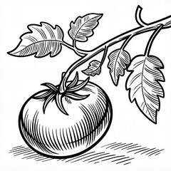 Tomato with vine in black and white pencil illustration representing organic produce and natural gardening aesthetics