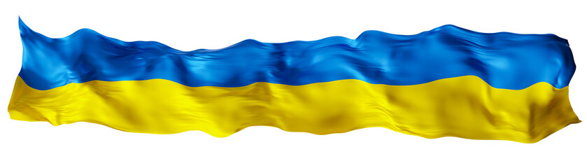 Stylized flag of Ukraine waving in the wind on transparent background. Footer, header or divider. Cut out wide, panoramic element. Banner for patriotic themes or national event promotions. 3D.