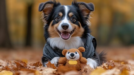 Border Collie Dog and Teddy Bear Toy in Autumn Leaves