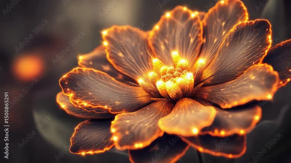 Poster striking flower with fiery center illuminated against a dark background creating a unique contrast
