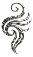 Elegant abstract silver metallic swirl with flowing curves and smooth reflective surfaces on transparent background.