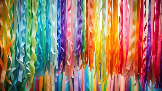 A vibrant cascade of colorful ribbons, a spectrum of hues hanging delicately, creating a joyful and festive atmosphere