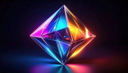 Prism-like gem with neon light reflects vibrant hues in dark space