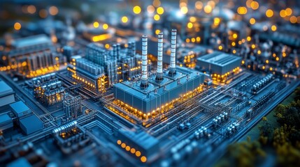 Illuminated factory complex with intricate piping and structures under a vibrant sky