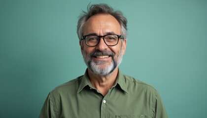 Obraz premium Smiling mature man with grey beard wearing glasses and green shirt poses against solid green background. Happy, confident, elderly man with casual attire looking to the camera.