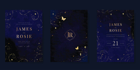 Fototapeta na wymiar Luxury wedding card design vector set. Elegant invitation card with little star moon sun meteor space and butterfly decoration on navy blue background. Design illustration for cover, poster, gala.
