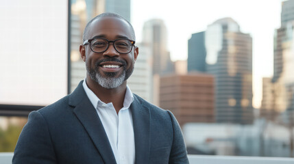 Fototapeta premium Modern Executive's Portrait: A distinguished executive, exuding confidence and approachability, smiles against a backdrop of the vibrant cityscape. A visual testament to success and vision.