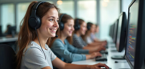 Smiling girls learn coding class. Young females students use computers at modern school, listen to earphones, smile. Students in computer science program. Tech, STEM education, learning future.